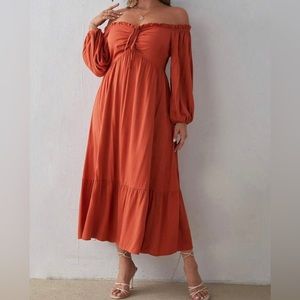 Off Shoulder Drawstring Front Ruffle Hem Dress